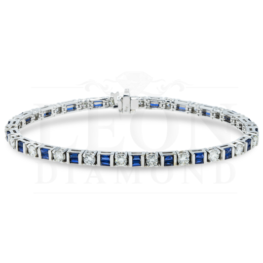 14K White Gold Baguette Cut Sapphire & Round Diamond Bracelet Bracelets