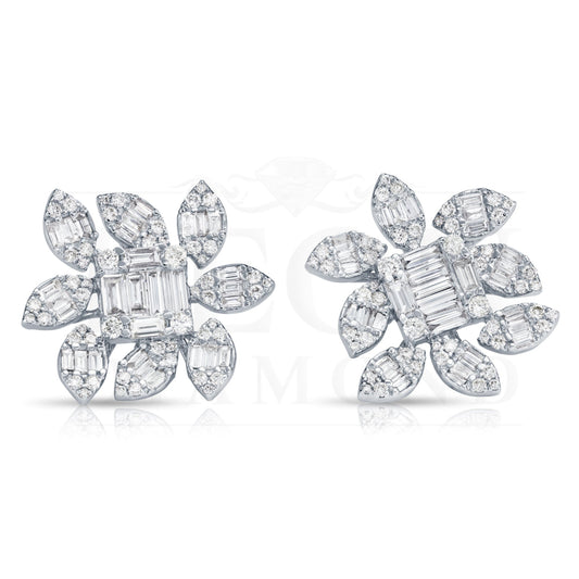 14K White Gold Baguette Diamond Flower Stud Earrings 3.35Ctw