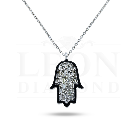 14K White Gold Baguette Diamond Hamsa Pendant & Chain Necklace 0.40Ct