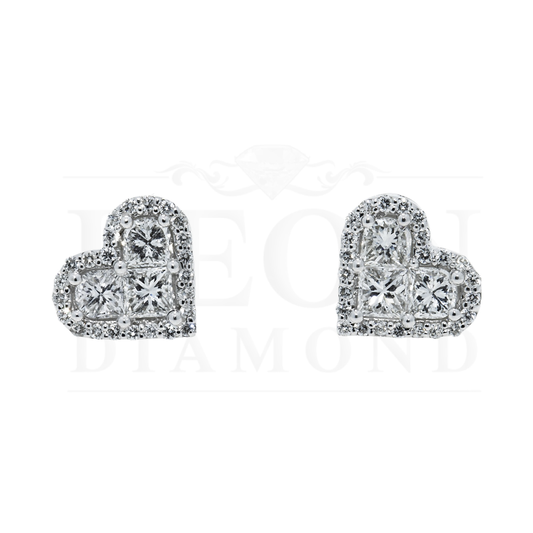 14K White Gold Baguette & Round Diamond Heart Stud Earrings 1.40Ctw