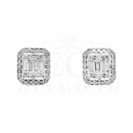 14K White Gold Baguette & Round Diamond Rectangle Studs Earrings 1.45Ctw