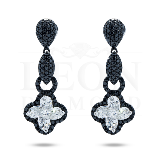 14K White Gold Black & Diamond Clover Drop Earrings 2.47Ctw