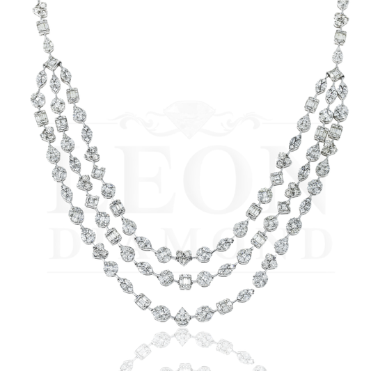 14K White Gold Combination Cut Diamond Triple Row Necklace 29.62Ct Necklace