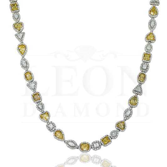 14K White Gold Combination Cut Fancy Yellow Diamond Chain 23.80Ct Necklace