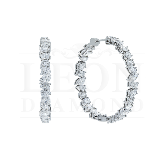 14K White Gold Commination Cut Diamond Inside Out Hoop Earrings 10.66Ctw