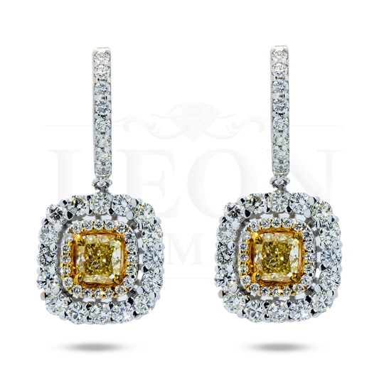 14K White Gold Cushion Cut Fancy Color Diamond Drop Earrings 2.87Ctw