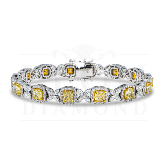 14K White Gold Cushion Cut Fancy Yellow Diamond Bracelet 12.46Ct Bracelets