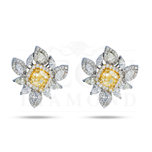 14K White Gold Cushion Cut Fancy Yellow Diamond Stud Earrings 5.16Ctw