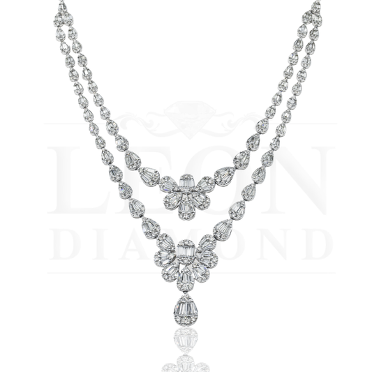 14K White Gold Double Row Diamond Drop Necklace 24.56Ct Necklace