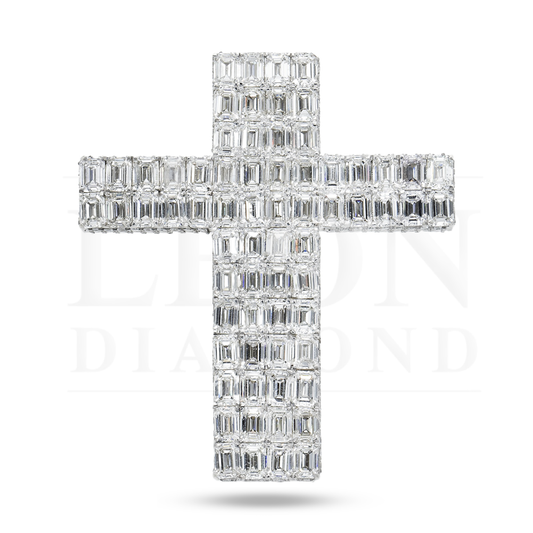 14K White Gold Emerald Cut Diamond Cross Pendant 27.97Ct