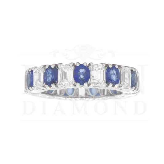 14K White Gold Emerald Cut Diamond & Oval Sapphire Eternity Ring Rings