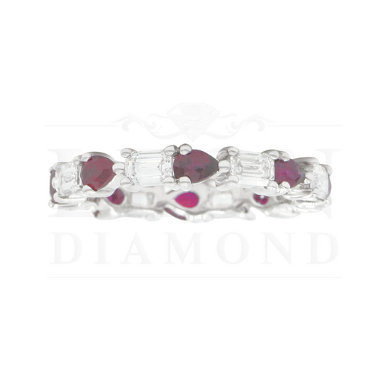 14K White Gold Emerald Cut Diamond & Pear Ruby Eternity Ring Rings