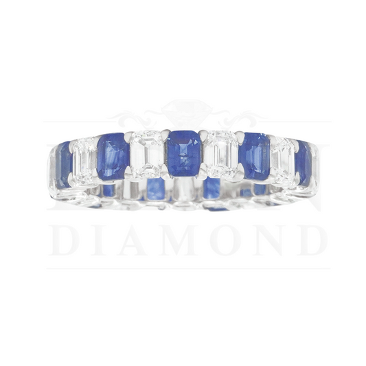 14K White Gold Emerald Cut Diamond & Sapphire Eternity Ring (Size 7) Rings