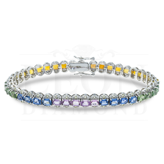 14K White Gold Emerald Cut Rainbow Gemstone & Diamond Bracelet Bracelets