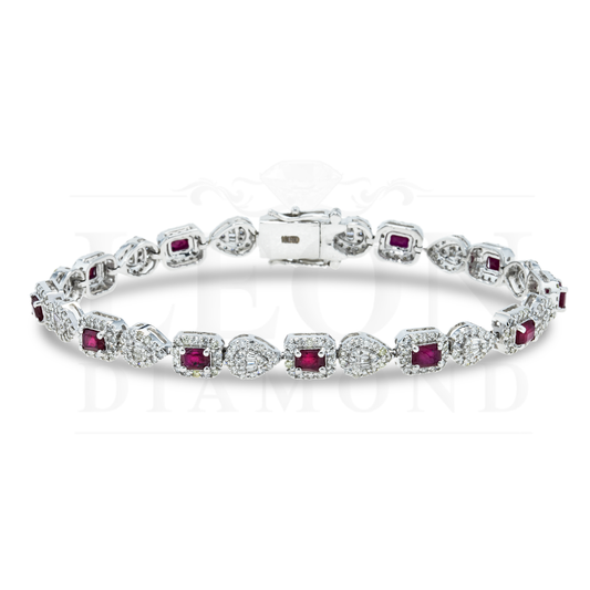 14K White Gold Emerald Cut Ruby & Diamond Bracelet Bracelets