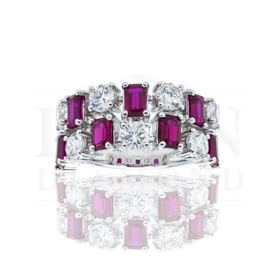 14K White Gold Emerald Cut Ruby & Round Diamond Ring 34.20Ctw Rings