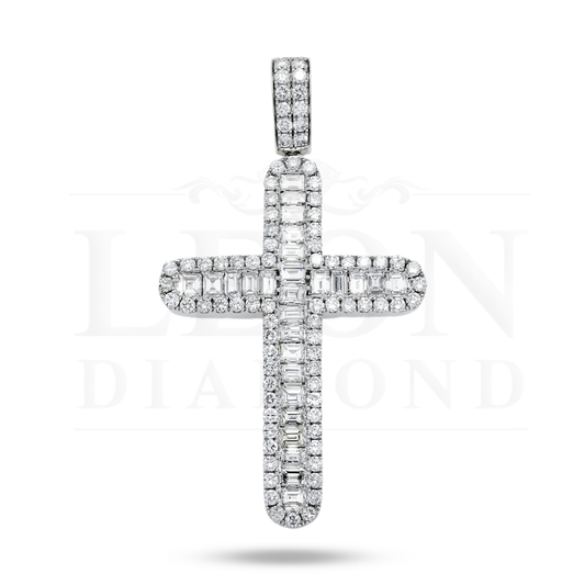 14K White Gold Emerald & Round Cut Diamond Cross Pendant 15.90Ct