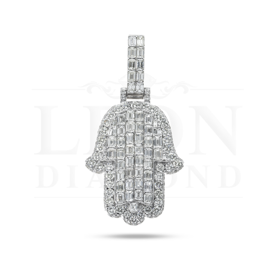 14K White Gold Emerald & Round Cut Diamond Hamsa Hand Pendant 8.91Ct