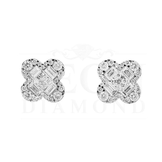 14K White Gold Emerald & Round Diamond Clover Stud Earrings 1.44Ctw