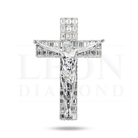 14K White Gold Emerald & Round Diamond Jesus Cross Pendant 9.82Ct