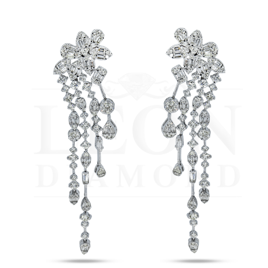 14K White Gold Falling Flower Chandelier Diamond Earrings 3.37Ctw