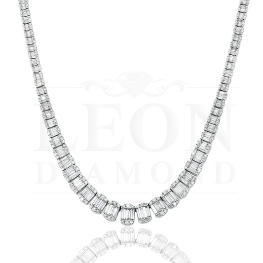 14K White Gold Graduated Baguette Diamond Chain 23.60Ct Necklace