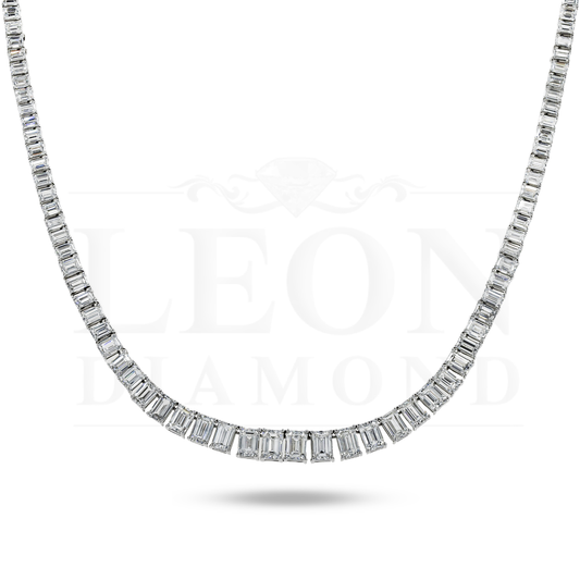 14K White Gold Graduated Emerald Cut Diamond Necklace 31.11Ct Necklace