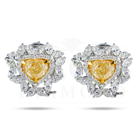 14K White Gold Heart Cut Fancy Yellow Diamond Stud Earrings 5.30Ctw