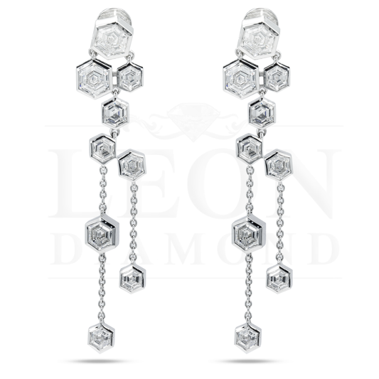 14K White Gold Hexagonal Diamond Geometric Drop Earrings 9.06Ctw