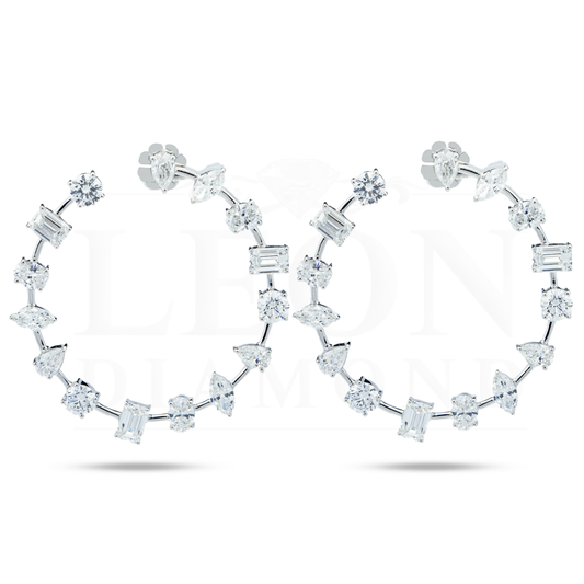 14K White Gold Multi-Cut Satellite Diamond Hoops 9.58Ctw Earrings