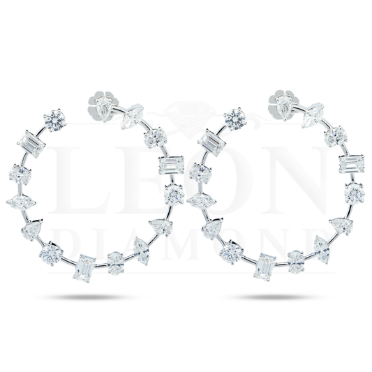 14K White Gold Multi-Cut Satellite Diamond Hoops 9.58Ctw Earrings