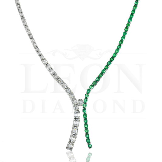 14K White Gold Oval Cut Emerald & Diamond Drop Necklace Necklace