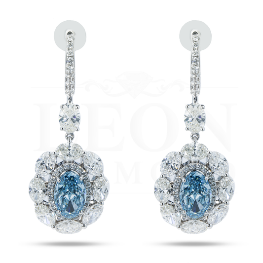 14K White Gold Oval Cut Fancy Vivid Blue Diamond Drop Earrings 12.59Ctw