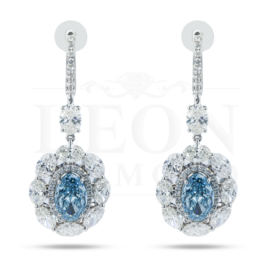 14K White Gold Oval Cut Fancy Vivid Blue Diamond Drop Earrings 12.59Ctw