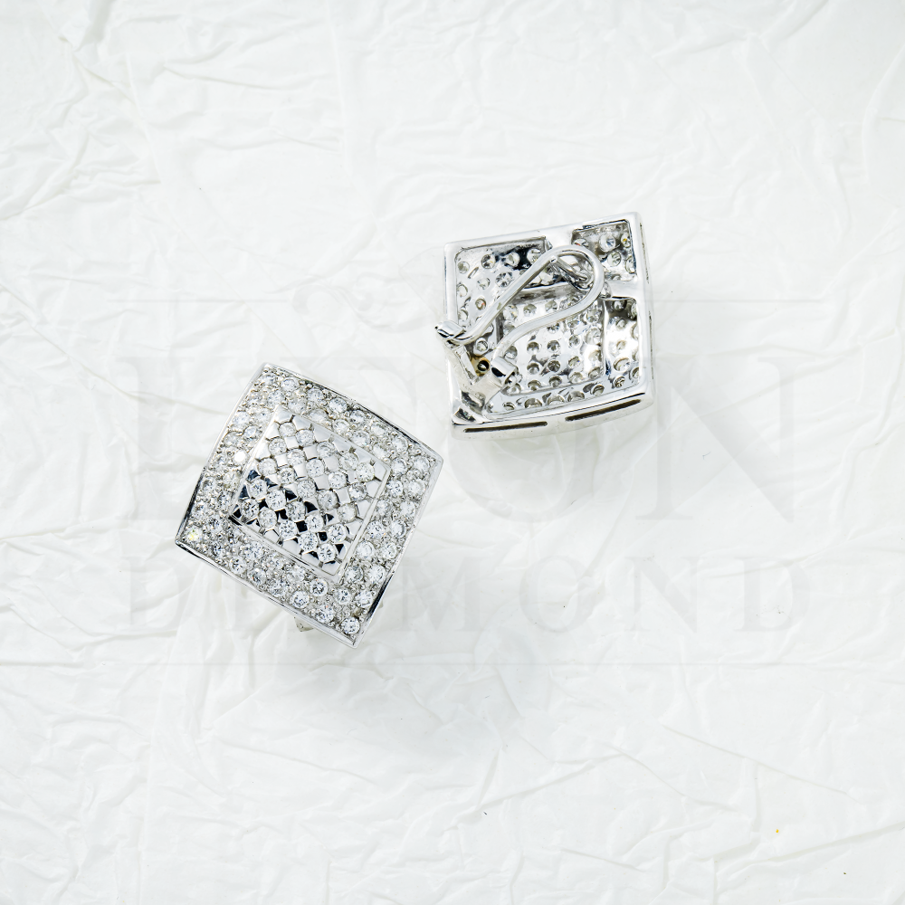 14K White Gold Pave Round Diamond Square Stud Earrings 2.65Ctw