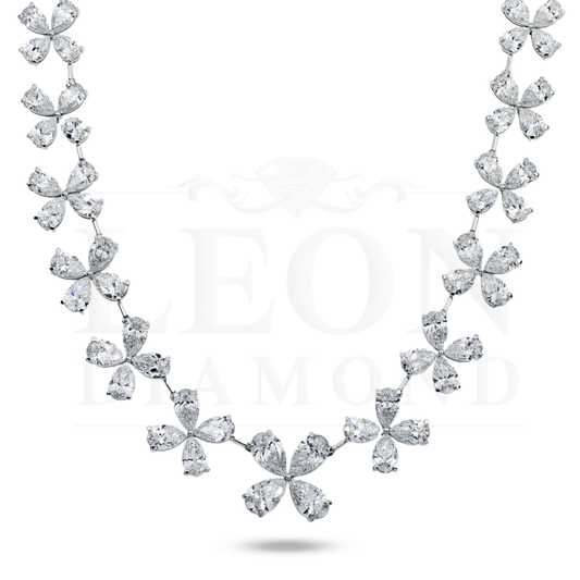 14K White Gold Pear Cut Diamond Graduated Flower Necklace 55.96Ctw Necklace