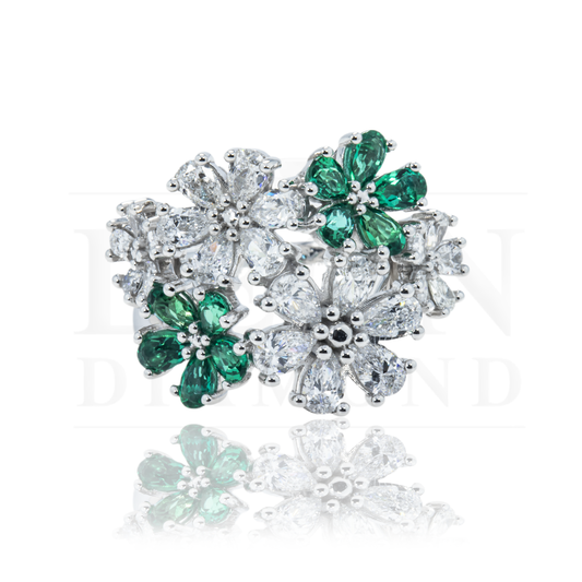 14K White Gold Pear Cut Emerald & Diamond Spring Flower Ring 3.07Ctw Rings