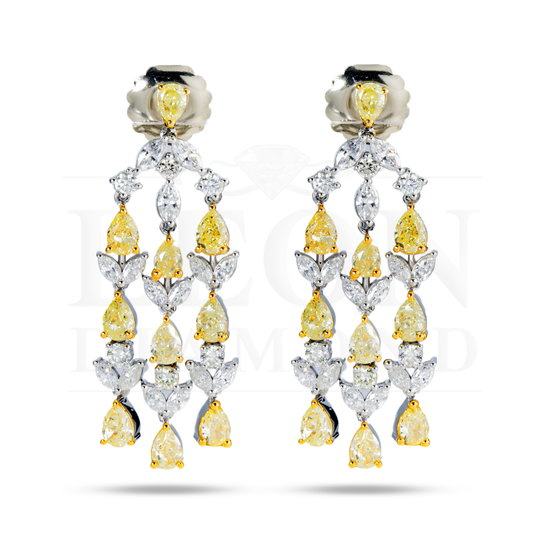 14K White Gold Pear Cut Fancy Yellow Diamond Chandelier Drop Earrings 8.82Ct