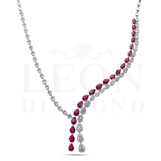 14K White Gold Pear Cut Ruby & Diamond Drop Necklace Necklace