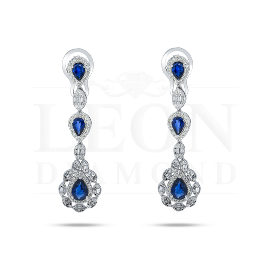 14K White Gold Pear Cut Sapphire & Diamond Drop Earrings