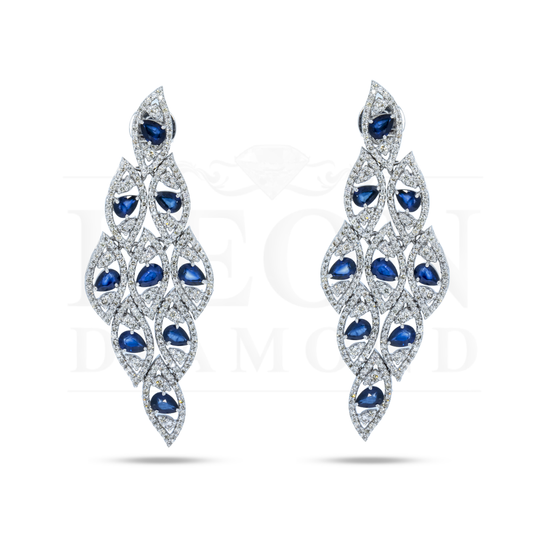 14K White Gold Pear Cut Sapphire & Diamond Drop Earrings