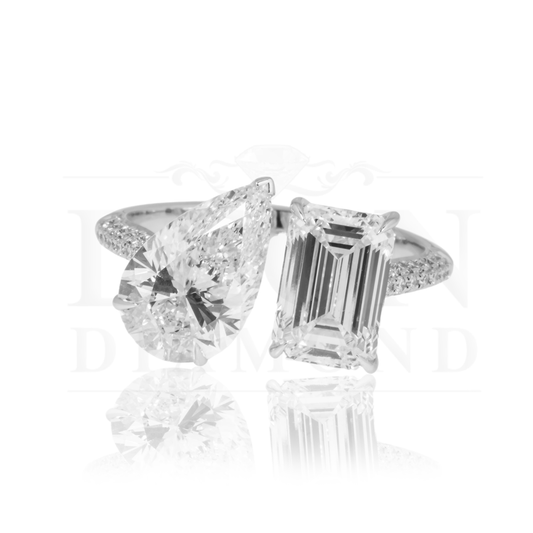 14K White Gold Pear & Emerald Cut Double Diamond Ring 4.53Ctw Bridal