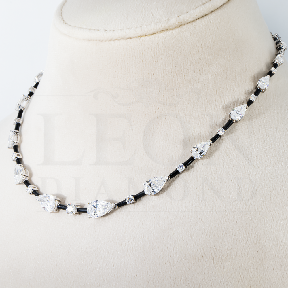 14K White Gold Pear & Round Cut Black Enamel Chain Necklace 15.06Ct Necklace