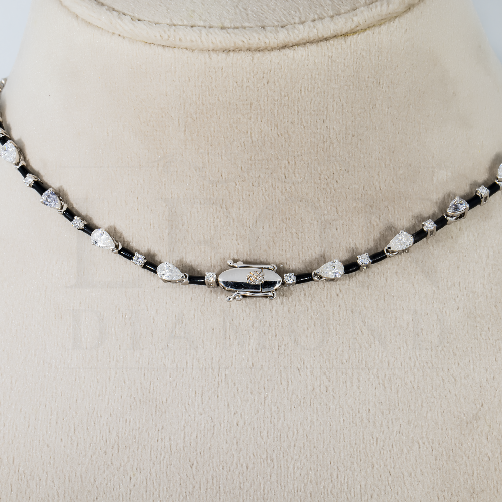 14K White Gold Pear & Round Cut Black Enamel Chain Necklace 15.06Ct Necklace