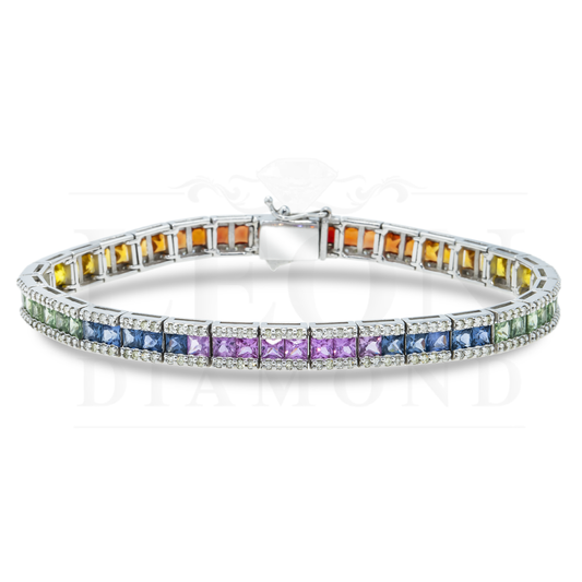 14K White Gold Princess Cut Rainbow Gemstone & Diamond Bracelet Bracelets