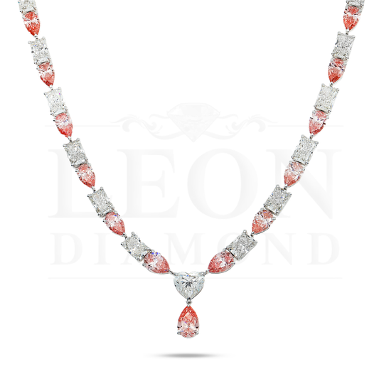 14K White Gold Radiant & Pear Cut Fancy Pink Diamond Drop Necklace 69.77Ct Necklace