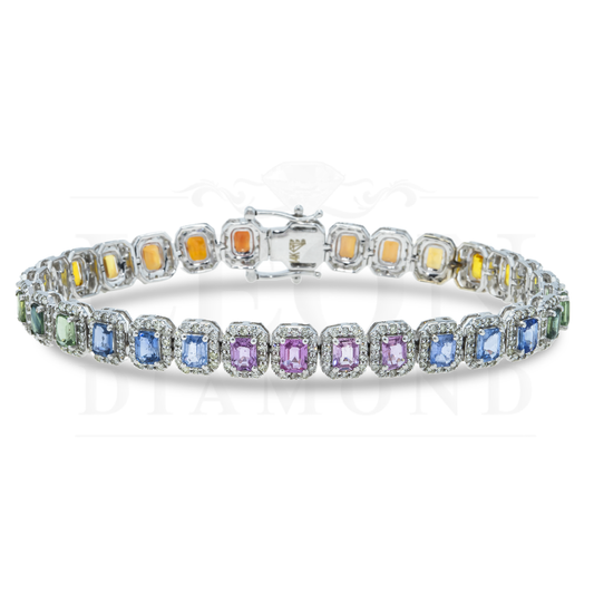 14K White Gold Rainbow Emerald Cut Gemstone & Diamond Bracelet Bracelets