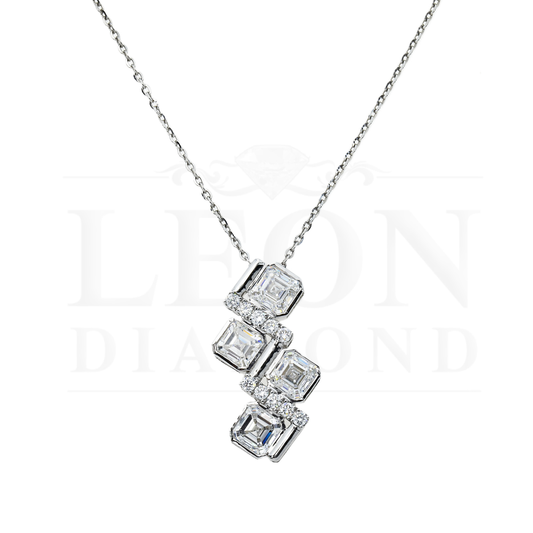 14K White Gold Round & Asscher Cut Diamond Pendant Chain Necklace 4.11Ct Necklace