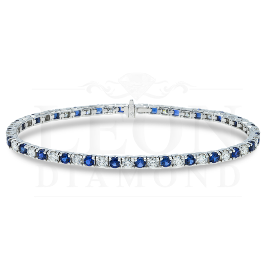 14K White Gold Round Cut Diamond & Sapphire Bracelet Bracelets