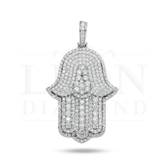 14K White Gold Round Diamond Bilevel Hamsa Pendant 4.0Ct